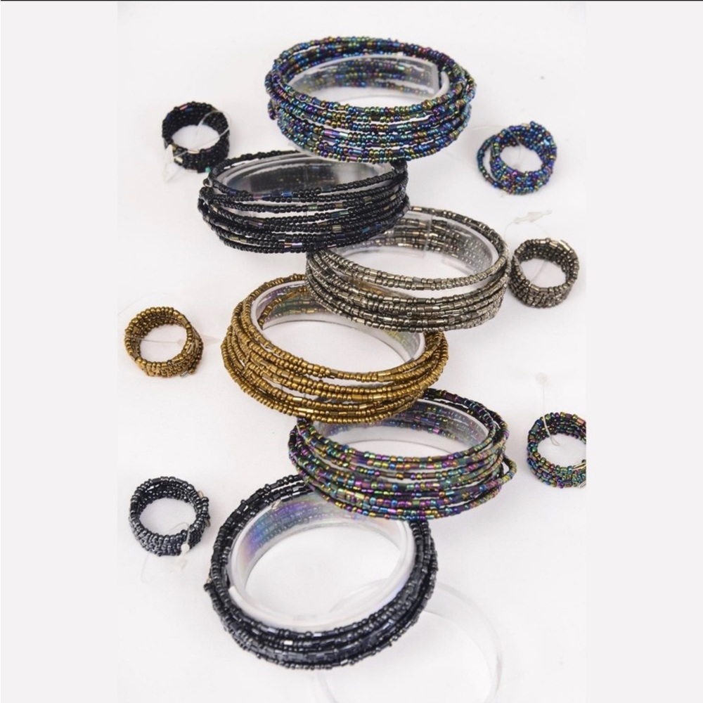 Dark Indian Seed Bead Bracelet Ring Set